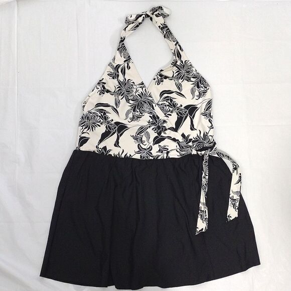 Apt 9 Black White Floral Halter Wrap Front One Piece Swimsuit Dress XL - Picture 7 of 15